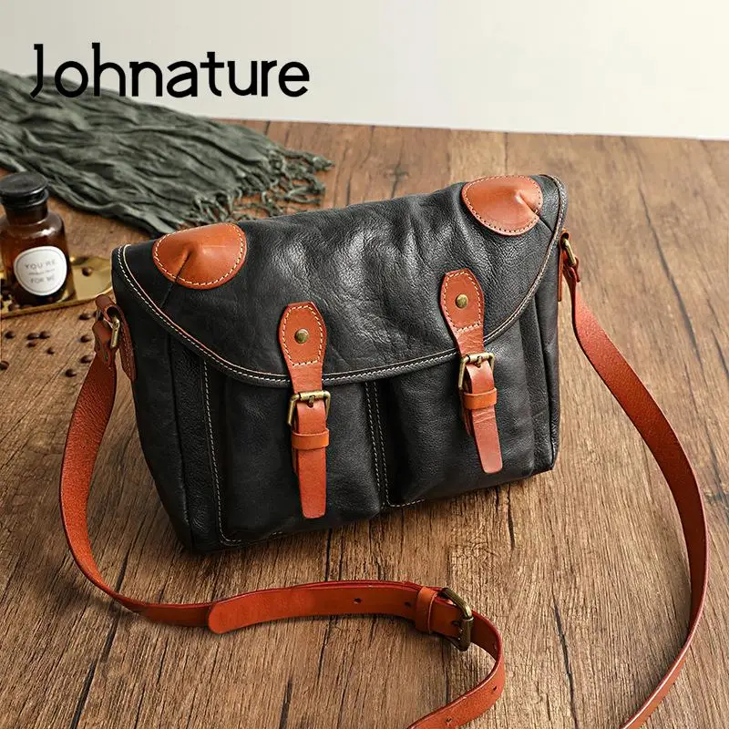 Johnature semplice fatto a mano in vera pelle 2024 nuova borsa da donna Casual borse a tracolla in pelle bovina naturale borsa a tracolla di grande