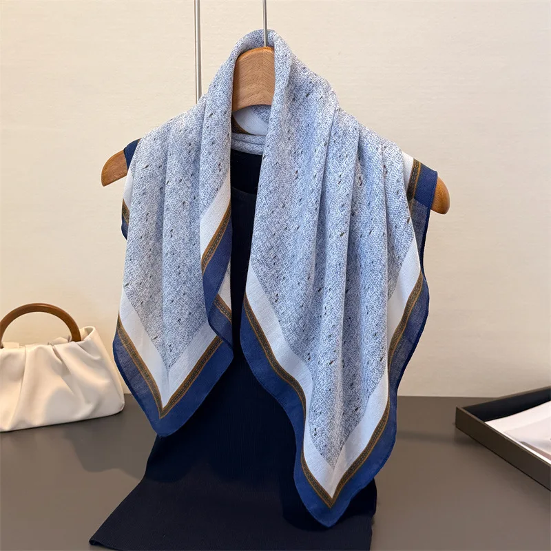 Women 70x70cm Tweed Texture Square Scarf Luxury Blue Border Print Soft Bandana Elegant Neck Wrap Head Scarf Multi-use Bag Shawl