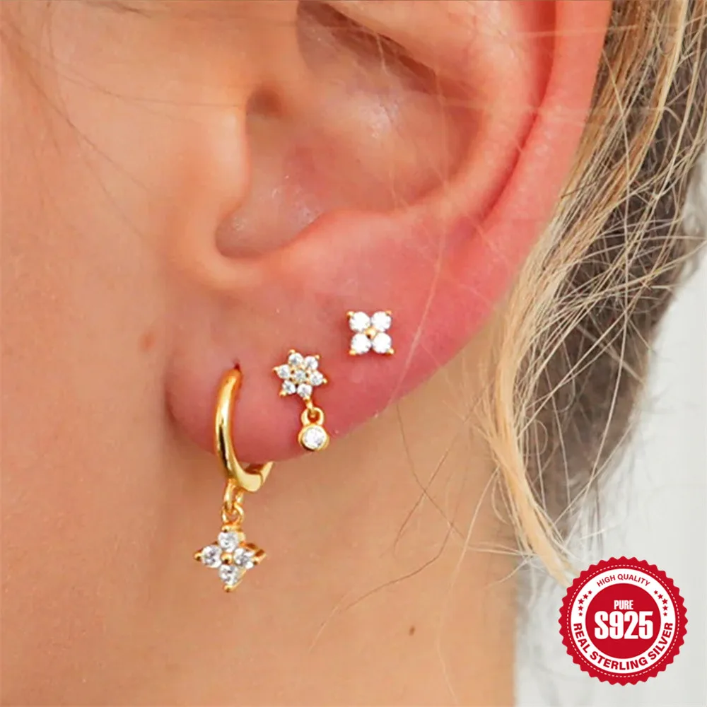 MC 925 Sterling Silver Earrings Set Flower Zircon For Women 3/4 Pcs 18k Gold Plated Geometry Hoop Stud Earring Charm Jewelry