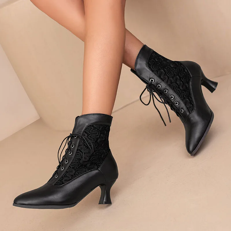 Lace-up Women Ankle Boots Middle Heels Fashion Lace Pointed Toe Autumn Winter Women Shoes Black Red White Short Booties WSH4927