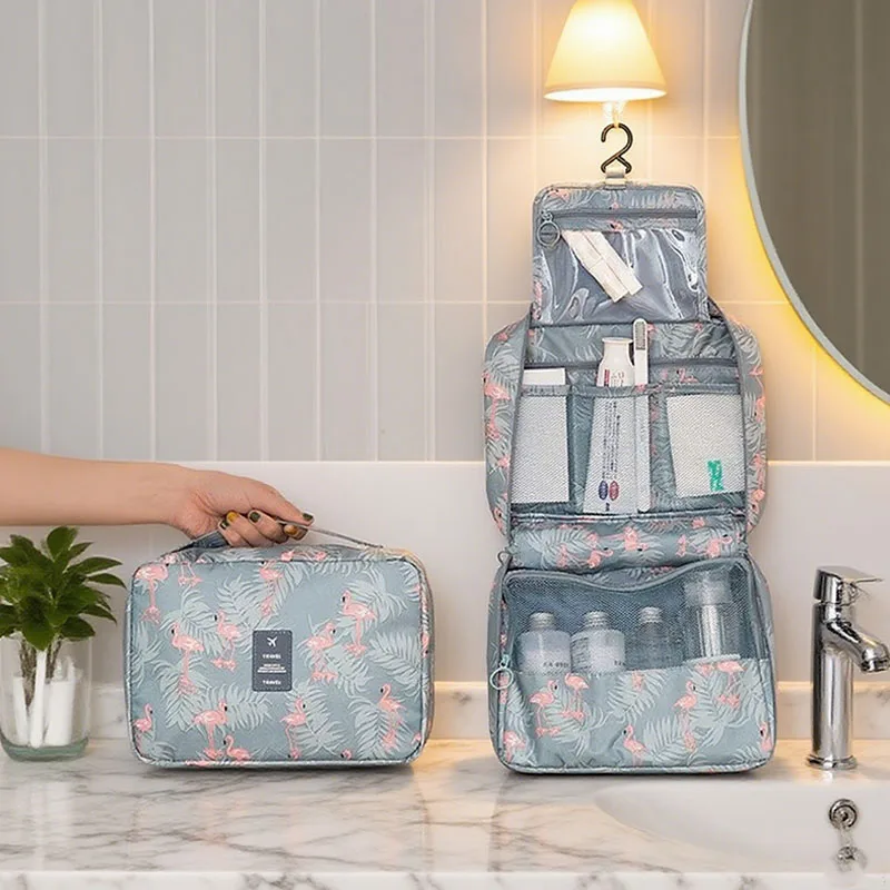 Printed Hanging Travel Toiletry Bag, Waterproof Cosmetic Organizer with Hook for Women & Girls