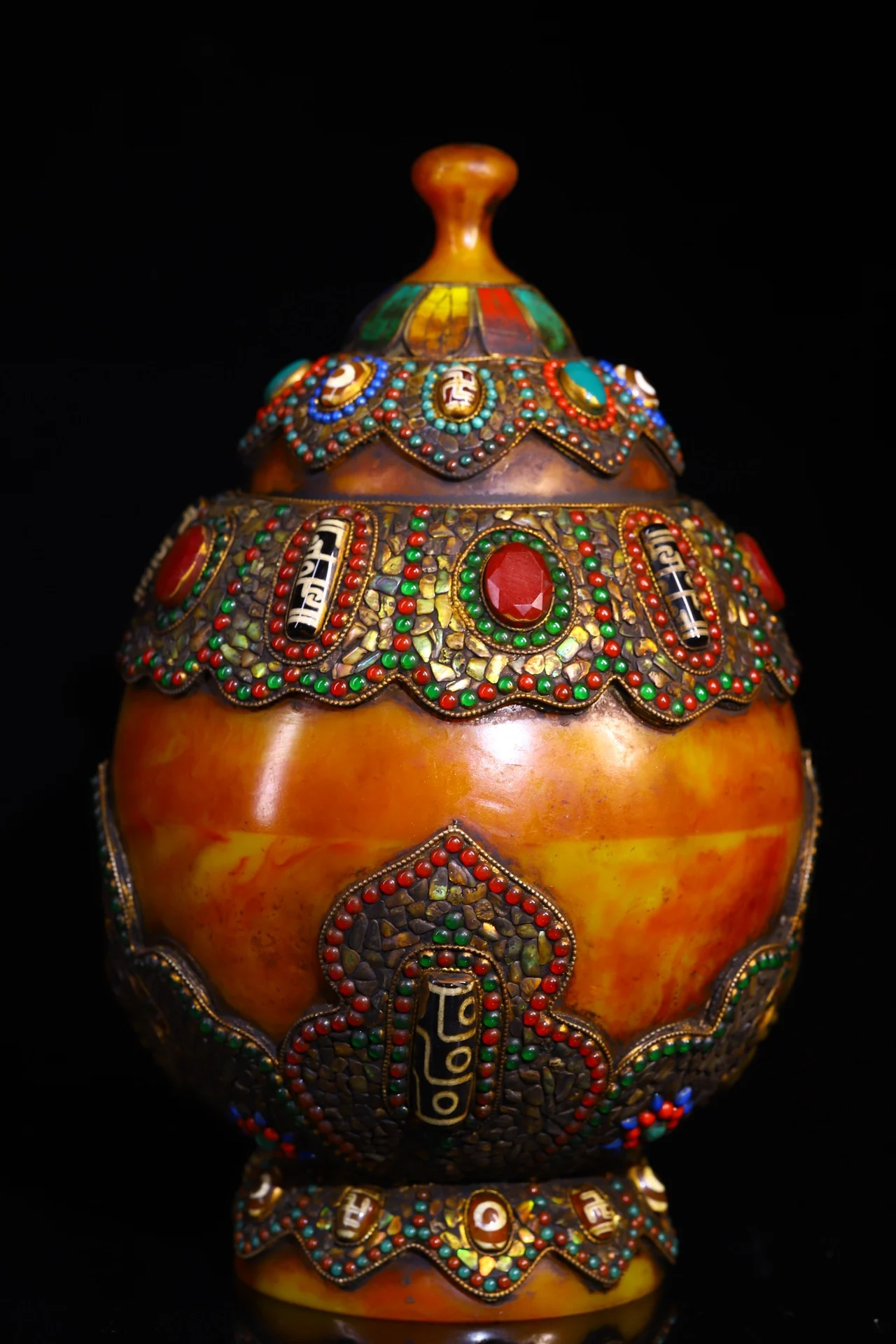 11”Tibetan Temple Collection Old Beeswax Mosaic Gem gZi Beads Shell Lotus TextureTreasure jar Buddha jar Worship Hall