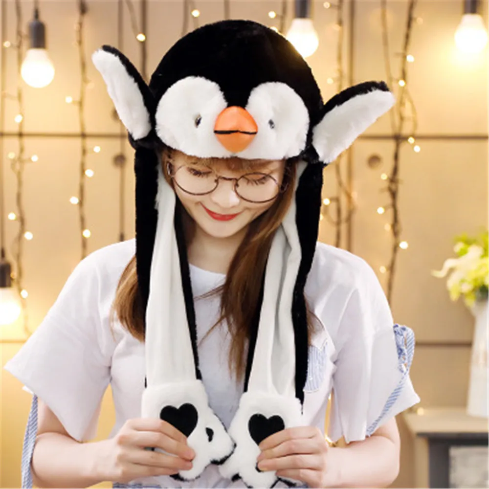 Women Girls Warm Moving Jumping Animals Ear Hat Plush Rabbit Pinch Airbag Funny Cap