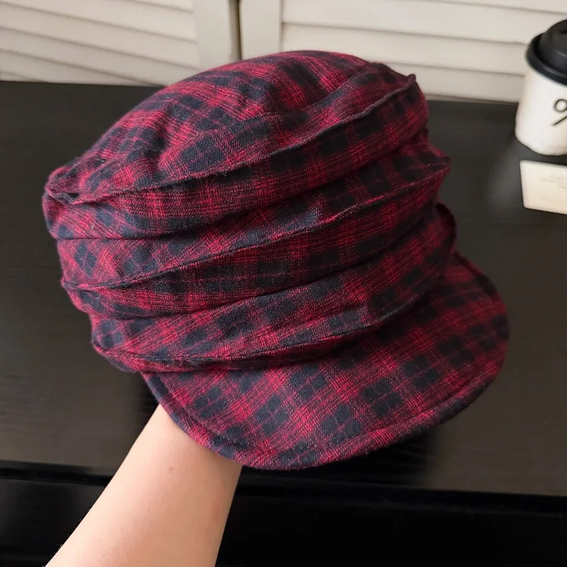 Japanische Retro-Karo-Plissee-Baskenmütze für Frühling und Herbst, große Ausführung, Sonnenschutz, kurze Krempe, literarische achteckige Newsboy-Mütze für Damen – Detail 5