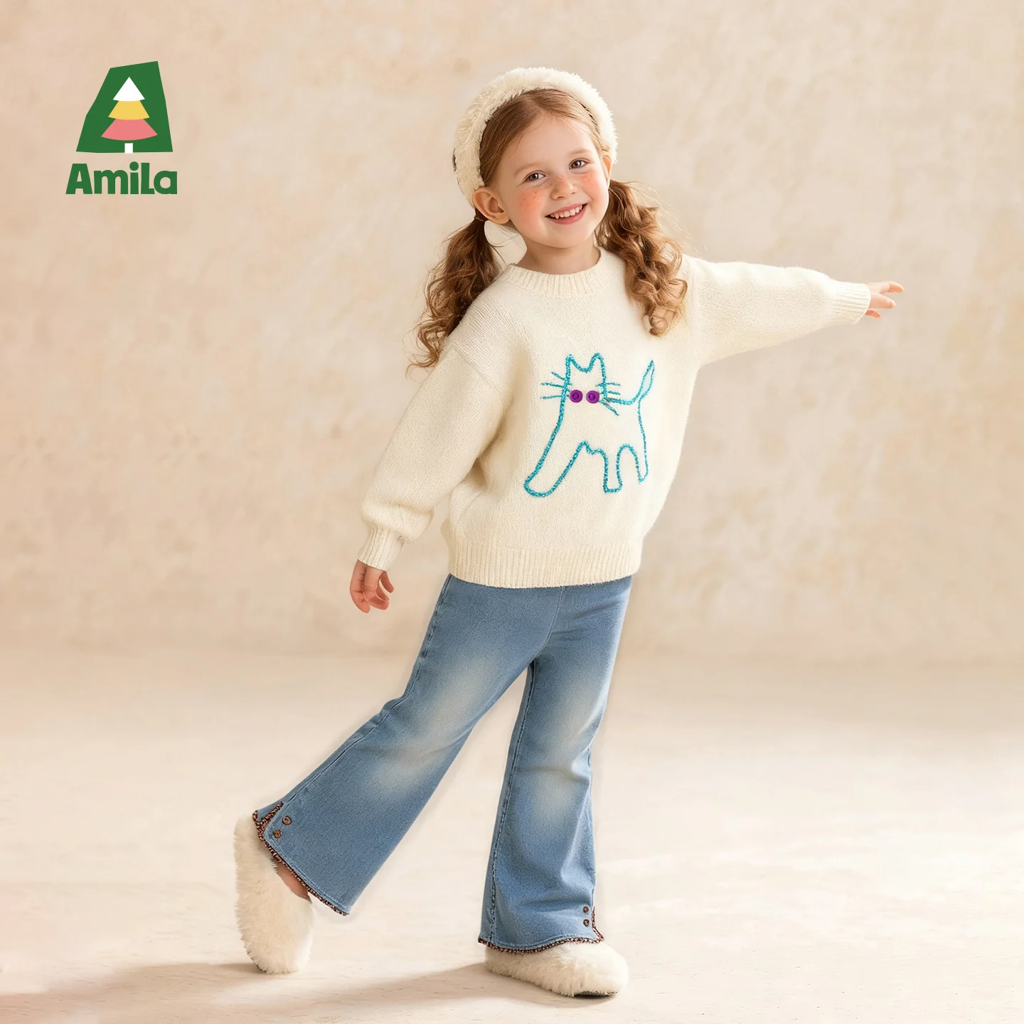 Amila Kids 2026 Winter Girls' Basic Sweater Soft Knitted Fabric Fun Embroidery Daily Versatile Casual Hoodie Top