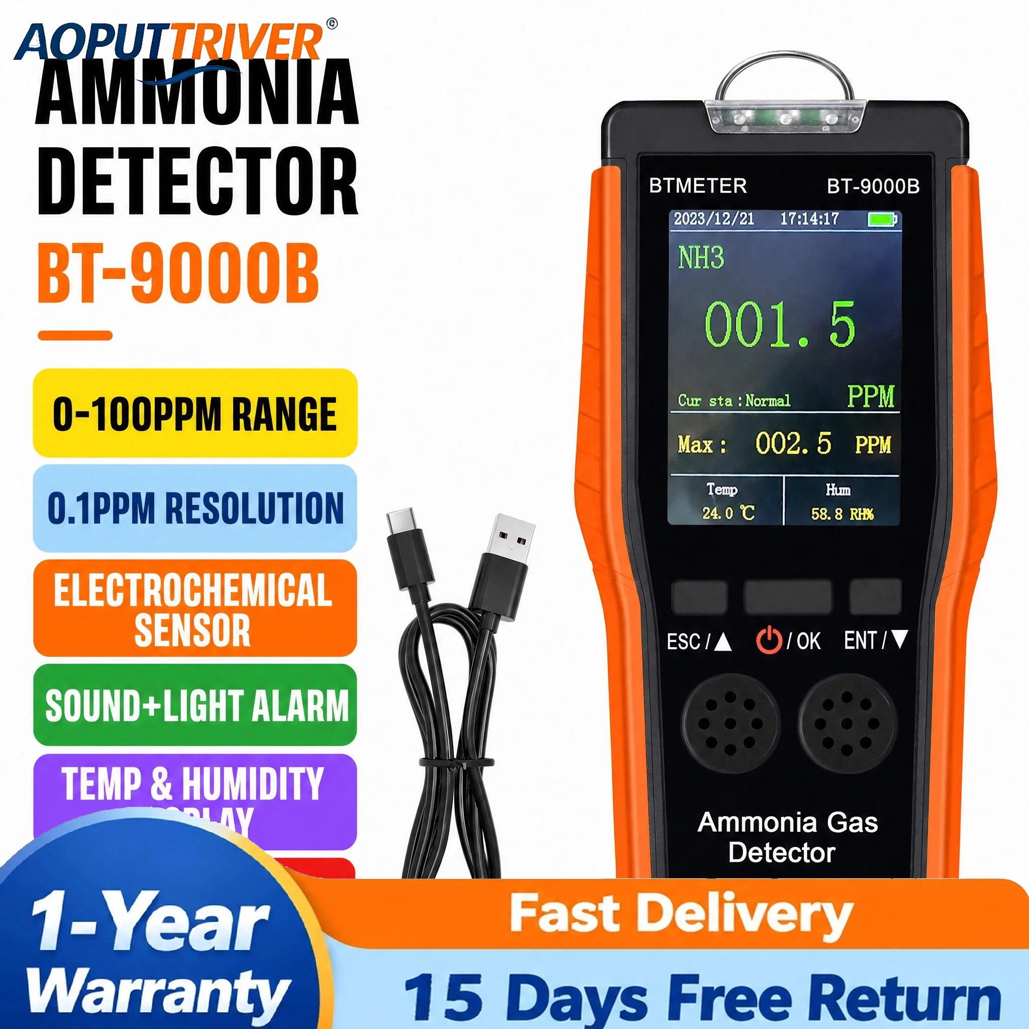 9000B NH3 Ammonia Gas Detector 0-100ppm Portable NH3 Meter LCD Display Sound Light Alarm Rechargeable Air Quality Tester