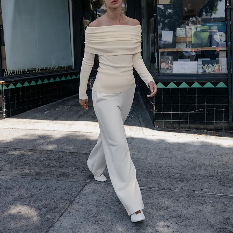 2025年秋の新作、若い女性向けのニットチューブトップ、折りたたみ式スリムフィットロングスリーブファッション