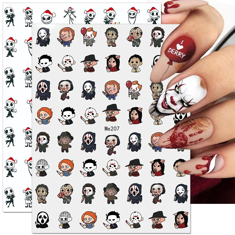 1 Sheet Halloween Series Nail Stickers Clown Pumpkin Lantern Skeleton Spider Vampire Nail Decals Sliders Decorations Accessories