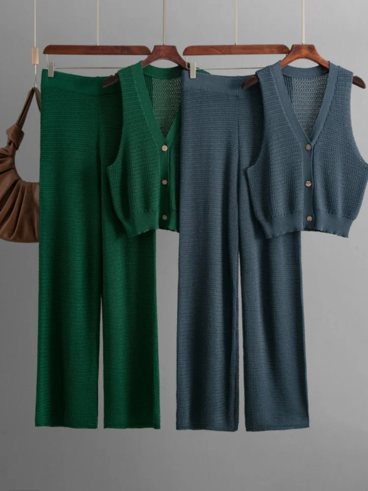 Fashion Knitted Set Women's Summer V-neck Sleeveless Tank Top High Waist Straight Leg Pants Two Piece Set