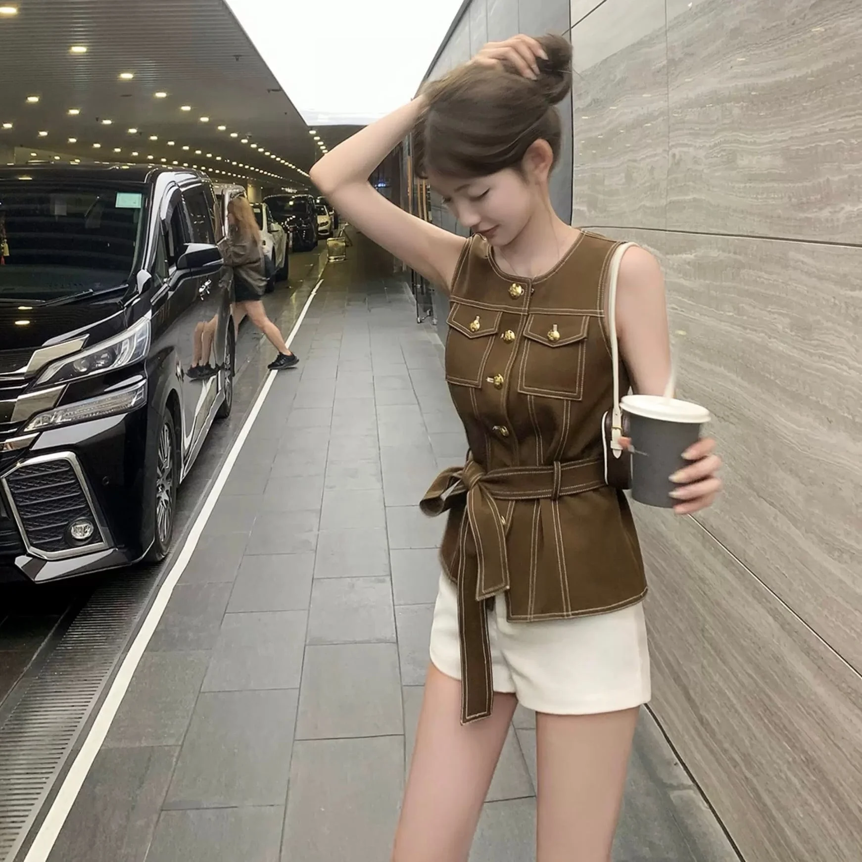 Japanese Brown Button Retro Denim Shorts 2026 Summer New Vest Jacket Gold Buckle Belt Vest Straight Pants Y2K Fashion Trend Suit