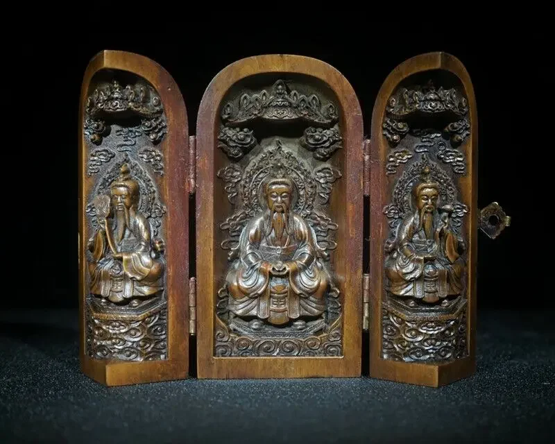 Old Chinese Boxwood Handcarved Sanqing Buddha Three Open Boxes