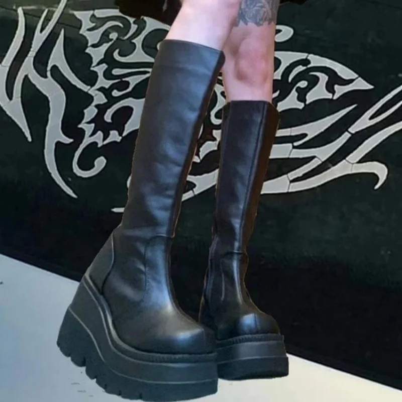 

Winter New Round Toe Comfortable Wedge Heel Women's Boots Fashionable Hot Selling Elegant Knee High Thick Soled Knight Boots