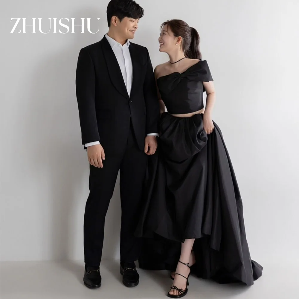 ZHUISHU ワンショルダーボウブラック韓国風ウェディングドレス2ピースAラインカスタムメイドブライダルセルフウェディングスナップドレスパーティガウン