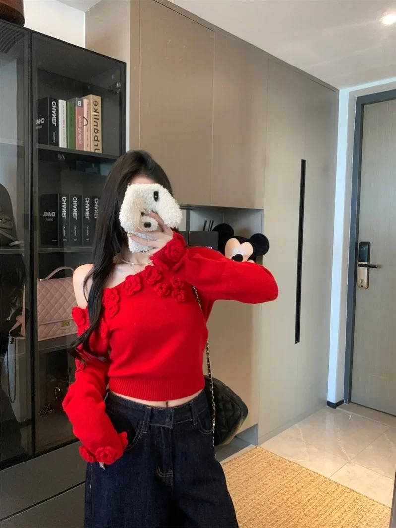 White 3D Flower Decorated Crew Ne ort Top Autumn Faion Commute Sle Loose Women's Long Sve Knitted Sweater