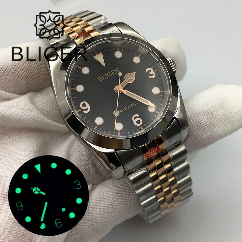 BLIGER 36mm/39mm Mechanical Men Watch 24 Jewels NH35 Polished Two-tone Rose Gold Marks Jubilee Strap Luminous DialSapphire Glass