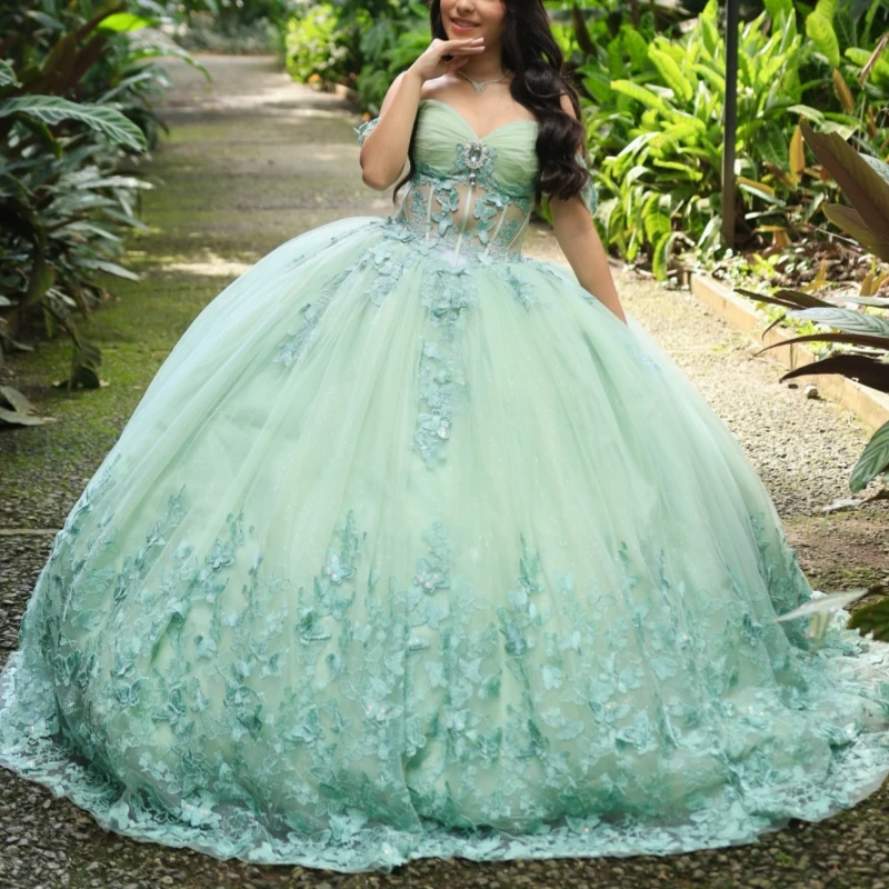 

Mint Green Shiny Ball Gown Quinceanera Dresses Lace Beading Crystal Bow Tull Corset Off Shoulder Sweet 16 Dress Vestidos 15 De