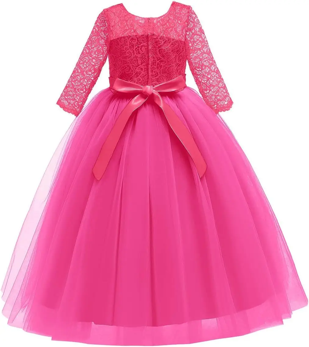 Menina flor retro flor renda 3/4 manga e vestido de chão festa de casamento aniversário comunhão vestido de noite formal pegeant vestido de baile
