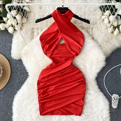 Red Dress For Women Fashion Summer Sexy Criss Cross Halter Neck Hollow Out Slim Fit Sleeveless Backless Mini Club Bodycon Dress