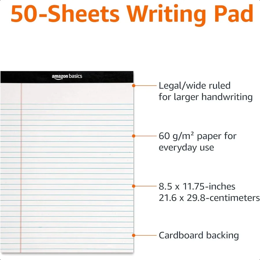Blocs de notas de escritura con rayas anchas, 8,5 pulgadas x 11,75 pulgadas, blanco, 12 unidades, 12 paquetes de 50