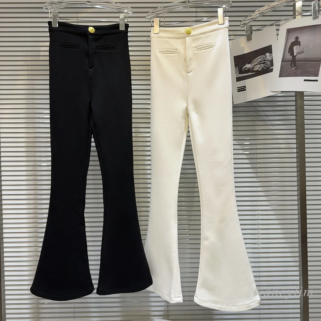 2023 Winter Long White Pants Women New Niche Socialite Metal Buckle Pocket Slim Fit Fleece-lined Horseshoe Pants Casual Trousers