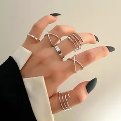 6pcs/set Simple Lines Silver Color Smooth Waterproof Stainless Steel Ring Set For Men Women Personalized Fashion Jewelry Gifts