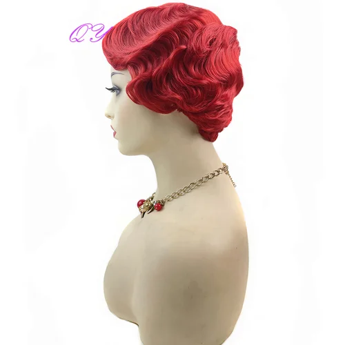 Imagen 2 del producto Pelucas cortas con ondas de dedo para mujer, cabello sintético rojo para Cosplay, fibra rizada de alta temperatura, corte Pixie femenino, 6 pulgadas