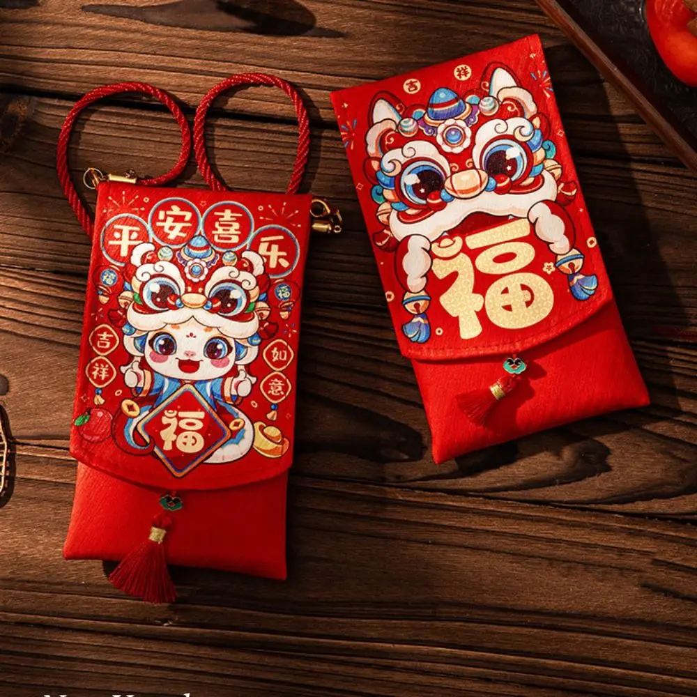 Chinese New Year Fabric Red Envelop Spring Festival Blessing Words 2025 Red Pocket Best Wishes Cartoon Change Gifts Shoulder Bag