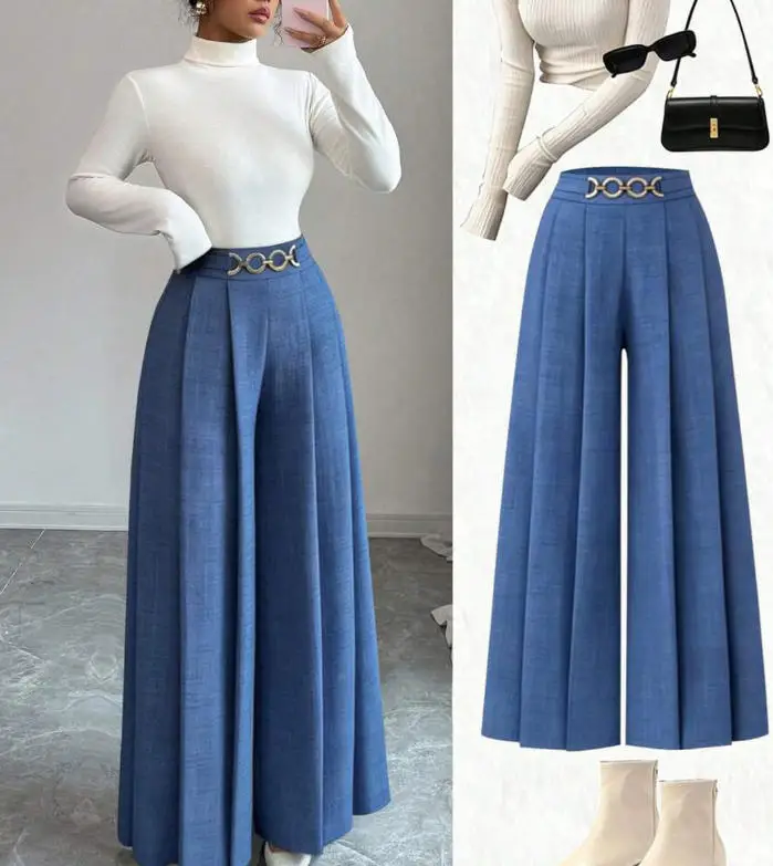 Women's Pants 2026 Spring Autumn New Solid Color Chain Decor High Waist Pleated Casual Versatile Daily Wide Leg Pants