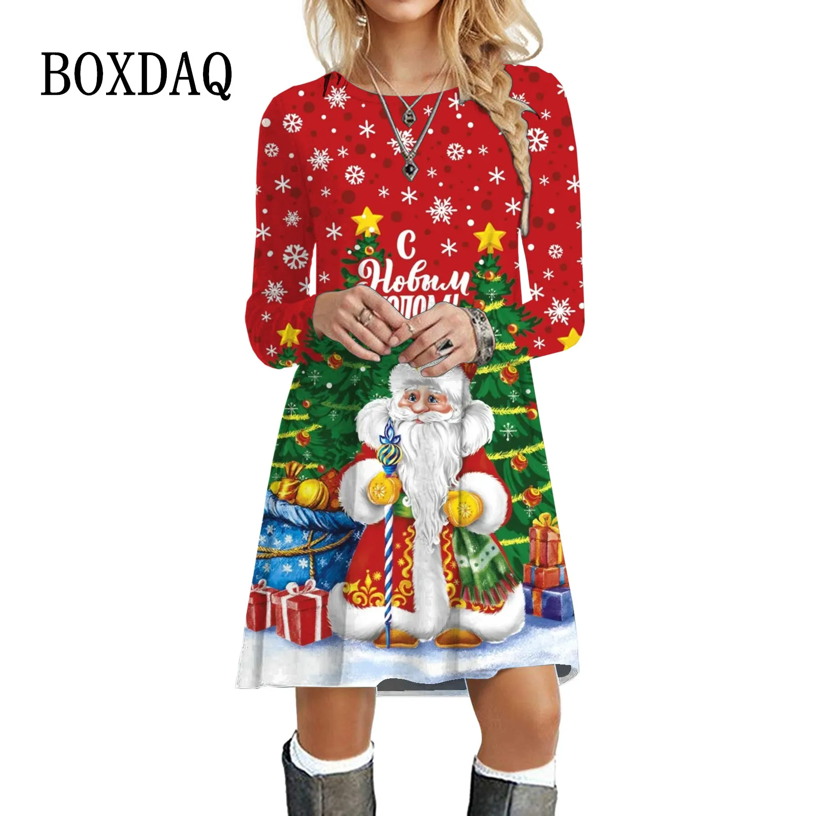 Cute Cartoon 3D Santa Claus Women Dress Long Sleeve Christmas Tree Snowflakes Print Dress Winter Party Casual Mini A-Line Dress