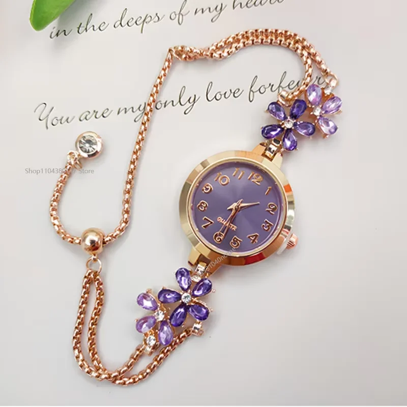 Damesmode Licht Luxe Quartz Armband Horloge Premium Prachtig Violet Kristal Dameshorloges Cadeau