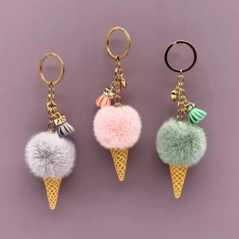 New Ice Cream Keychains for Women Men Plush Pompom Key Chain Rings Pendant Keyring Holder Charm Bag Jewelry Gifts