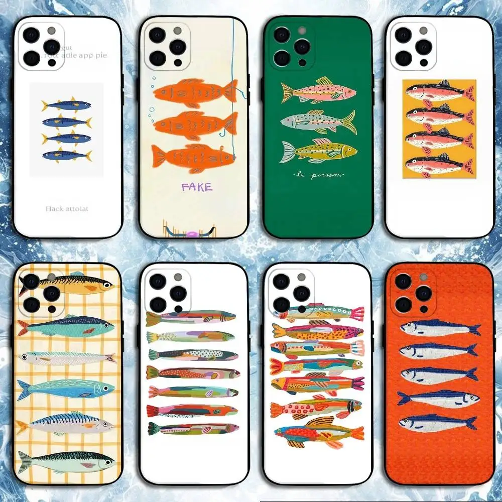 

Sardines Fish Art Phone Case For iPhone 16,15,14,13,12,11 Plus,Pro Max, Soft Silicone Black Cover