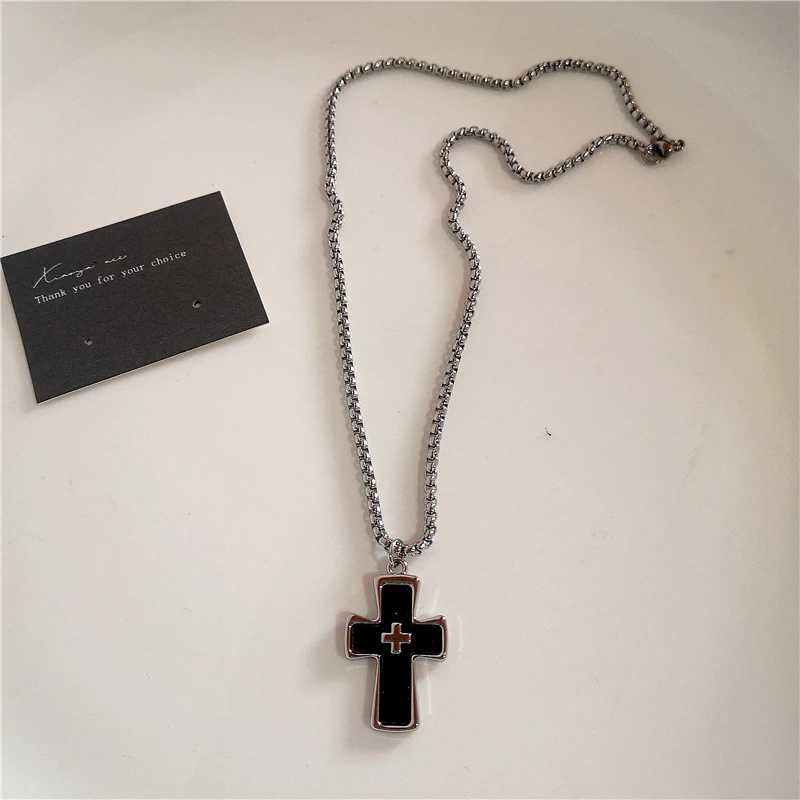 Gothic Trendy Y2K Black Cross Love Heart Pendant Rope Chain Necklace For Women Men Fashion Hip Hop Rave Gift Jewelry Accessories