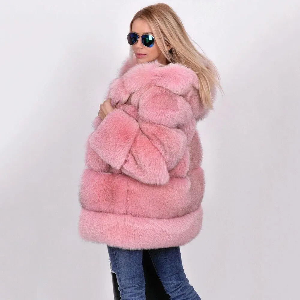 Mode Roze Dames Echte Vossenbontjassen Elegante Natuurlijke Bont Capuchon Warme Dikke Overjas Vrouwelijke Winter Echt Bont Jas