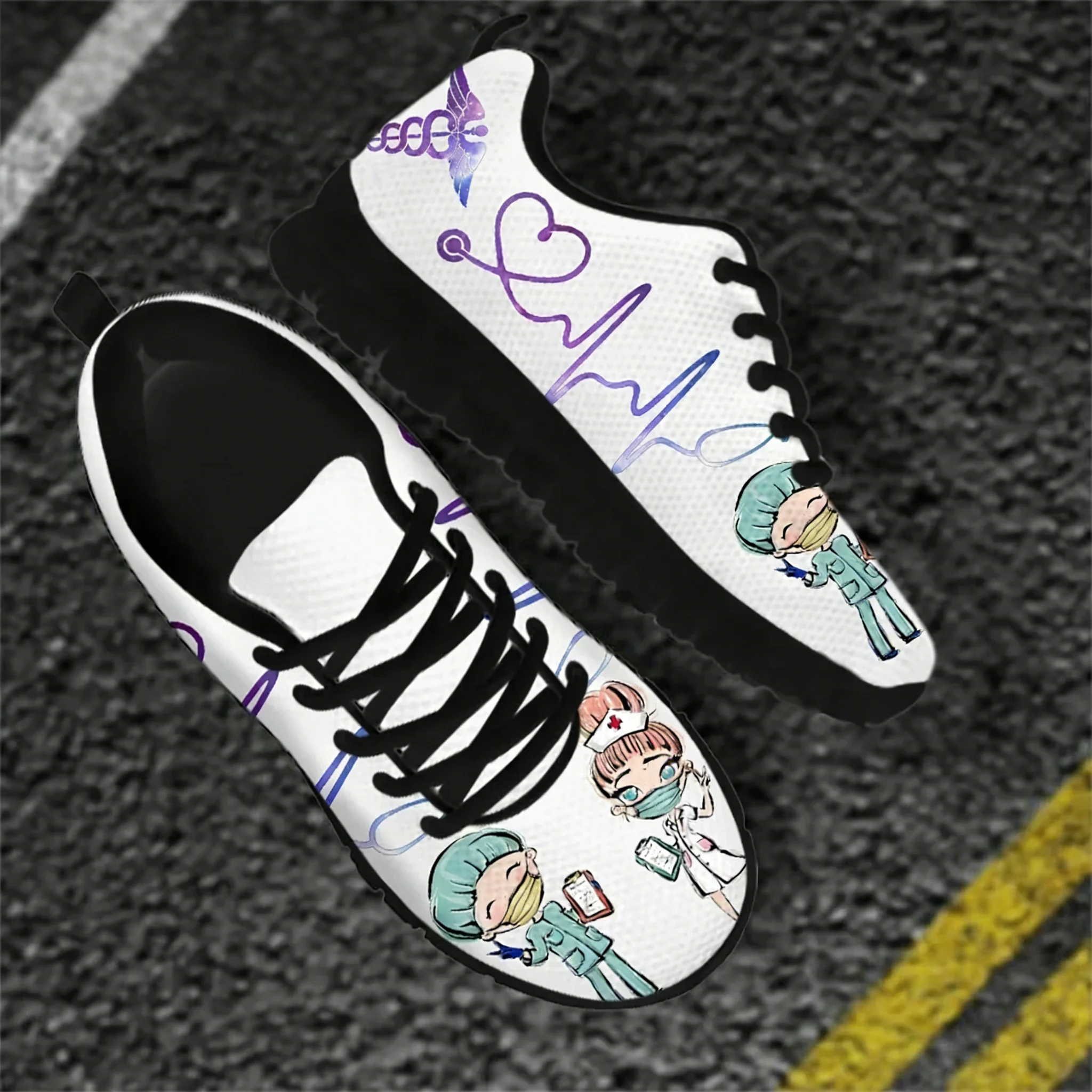 

Brand Design Cartoon Nurse Doctor Heartbeat Medical Sneakers Lace Up Flat Shoes Physician Nursing Shoe Mesh Footwear Custom Shoe