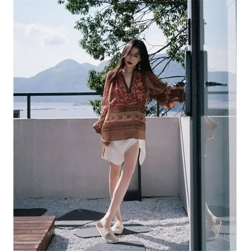 

Hollowed Out Long Sleeved Shirt for Women Unique Shirt Trendy Retro Ethnic Style