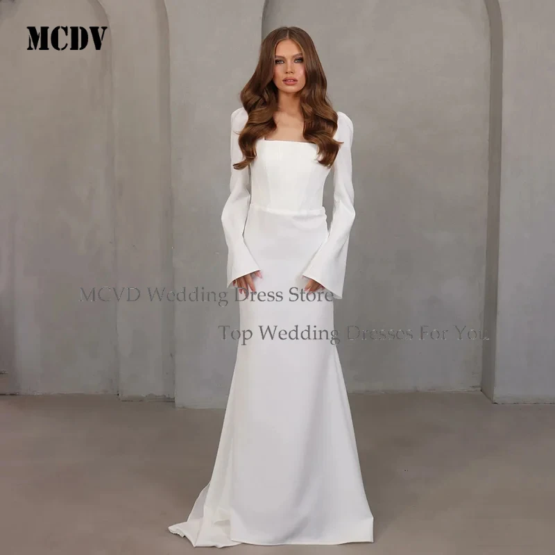 

Customized MCDV 2026 Crepe Modest Mermaid Bridal Dress Long Sleeve Women Wedding Gown with Elegant Square Neck Simple