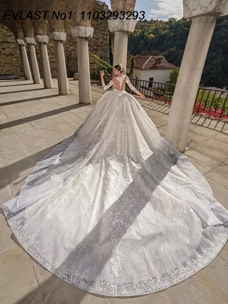 EVLAST Maßgeschneidertes Prinzessin Vintage Puffy A-Linie Brautkleid mit Spitzenapplikationen Lange Ärmel Brautkleider Robe De Marie TBD31