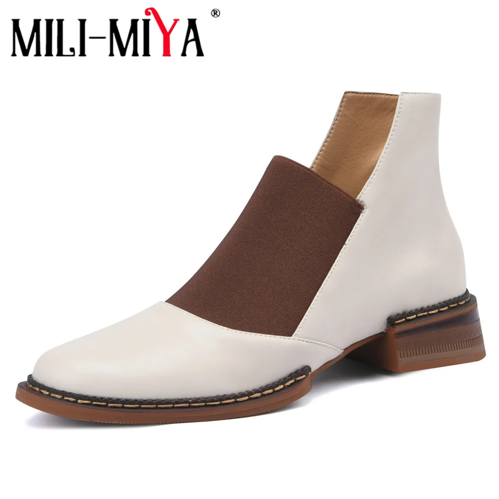 MILI-MIYA New Arrival Concise Design Women Cow Leather Ankle Boots Slip On Round Toe Thick Heels Big Size 34-40 Casual Shoes