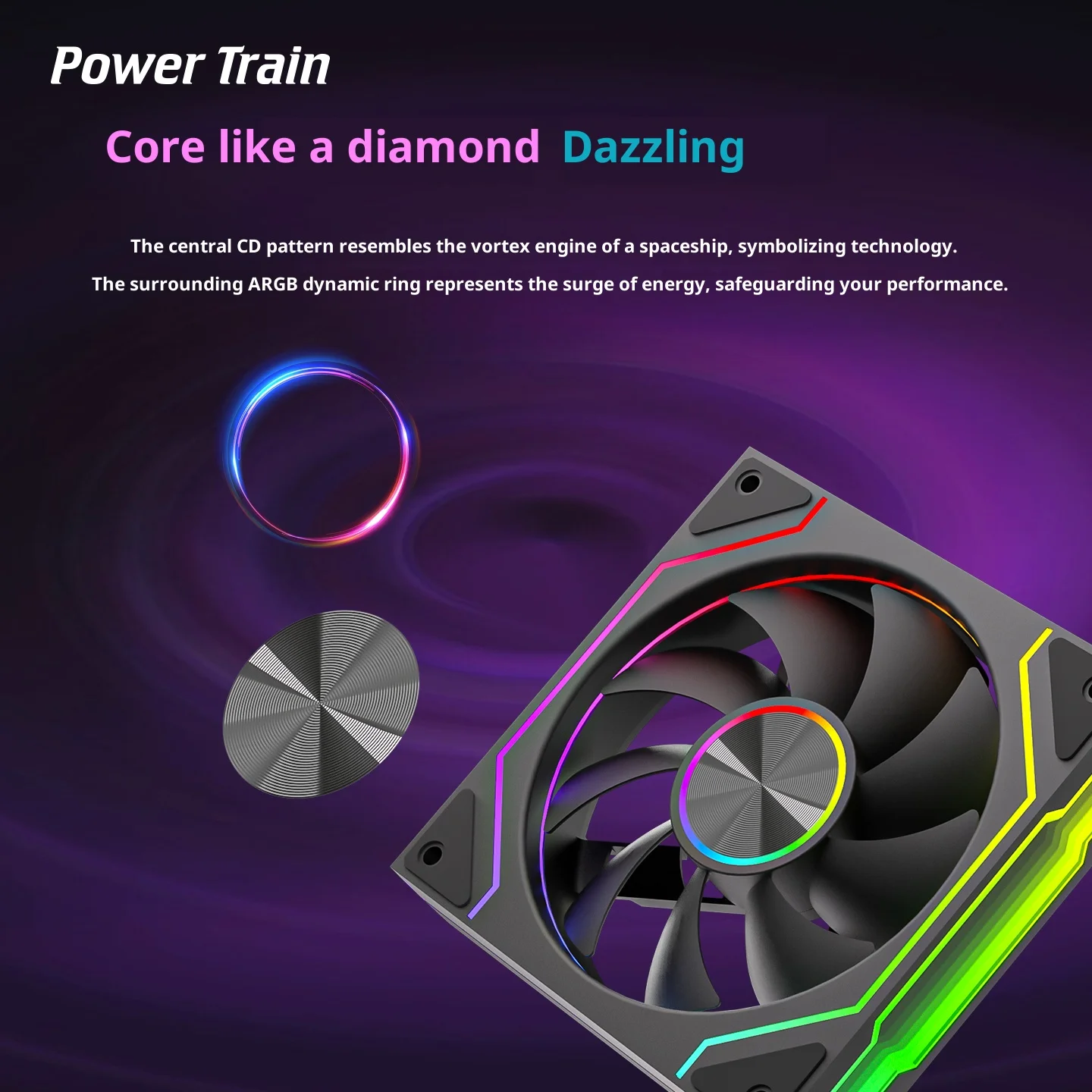 Power Train PRISM 9 PRO Computergehäuselüfter 12 cm ARGB 4-poliger PWM-Leiser Lüfter 12 V großes Luftvolumen 61,5 CFM/800–1800 U/min