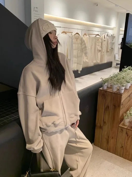 Kumikumi Casual Lazy Set Long sleeve Hoodie Women clothes Winter High Waist Loose Mopping Pants Two-piece Set