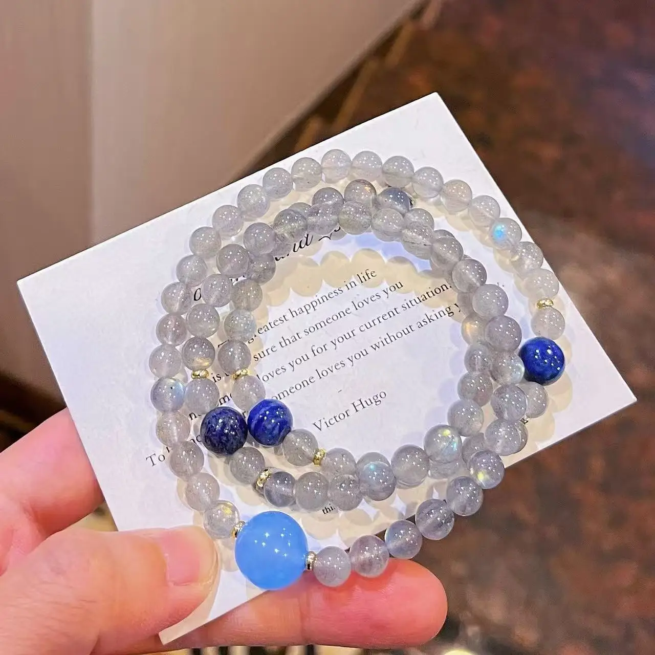 Grey Moonstone & Lapis Lazuli Bracelet, Natural Blue-Grey & Royal Blue Gemstone Beads with Finish,Hand Chain for Her Gift