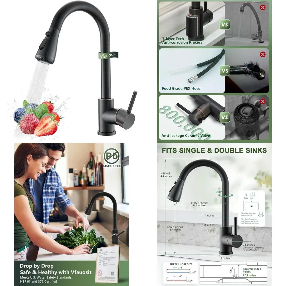 

Single Handle Pull-Down Spray Bronze Kitchen Faucet, Suitable for Single or 3-Hole Sinks