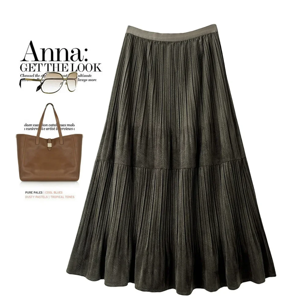 2023 Spring Autumn Winter Women's Pleated Skirt High Waist Solid Color Velvet Half Length Skirt Office Lady Fashion Long Skirts