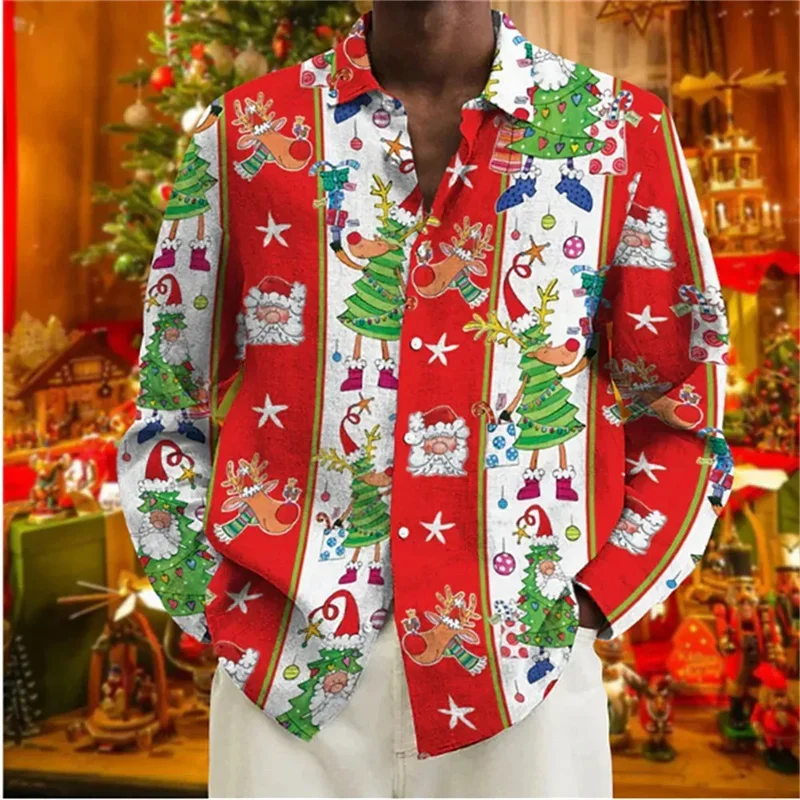 2023 Christmas Gift New Men\'s Long Sleeve Printed Shirt Casual Holiday Party Clothing Comfortable Soft Fabric