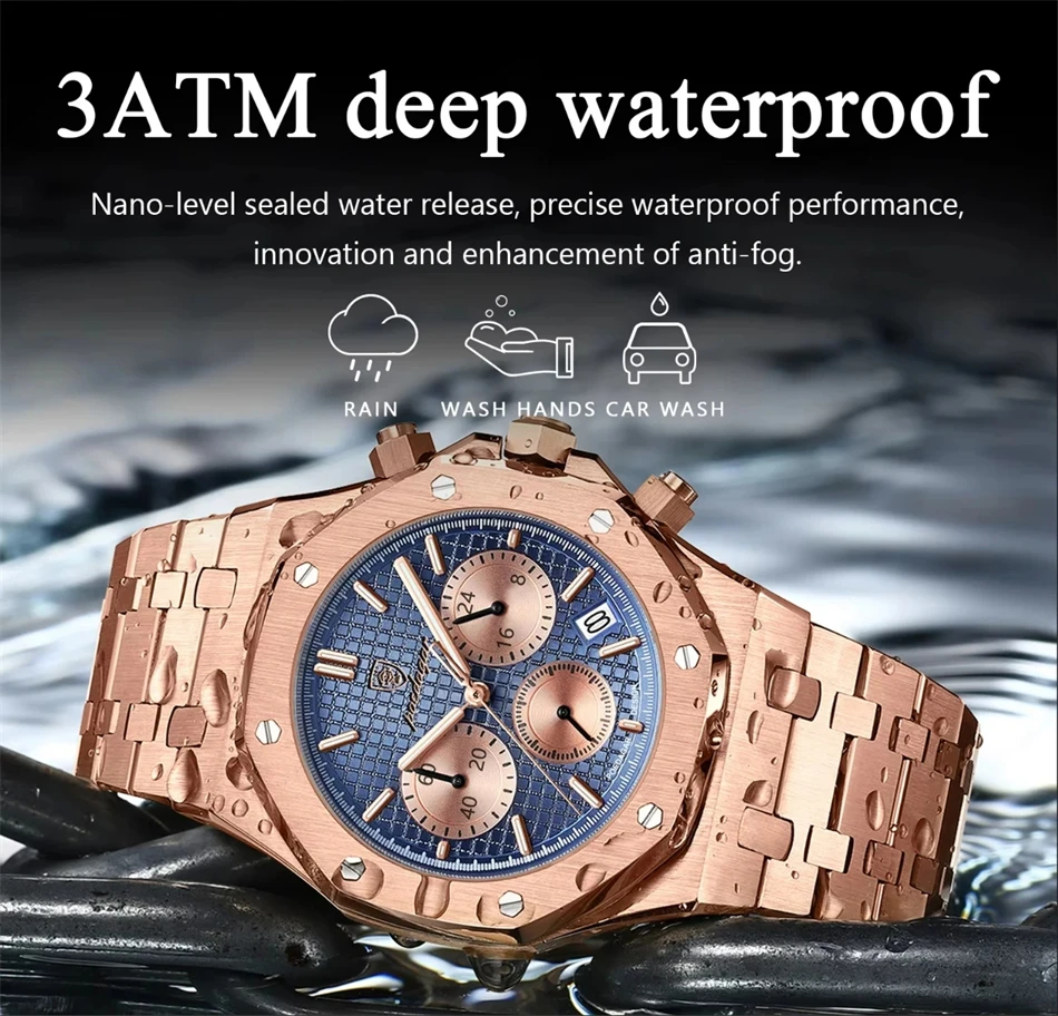 POEDAGAR ساعة يد رجالية أصلية فاخرة تاريخ مضيئة مقاومة للماء من الفولاذ المقاوم للصدأ للرجال ساعات كوارتز عصرية للأعمال