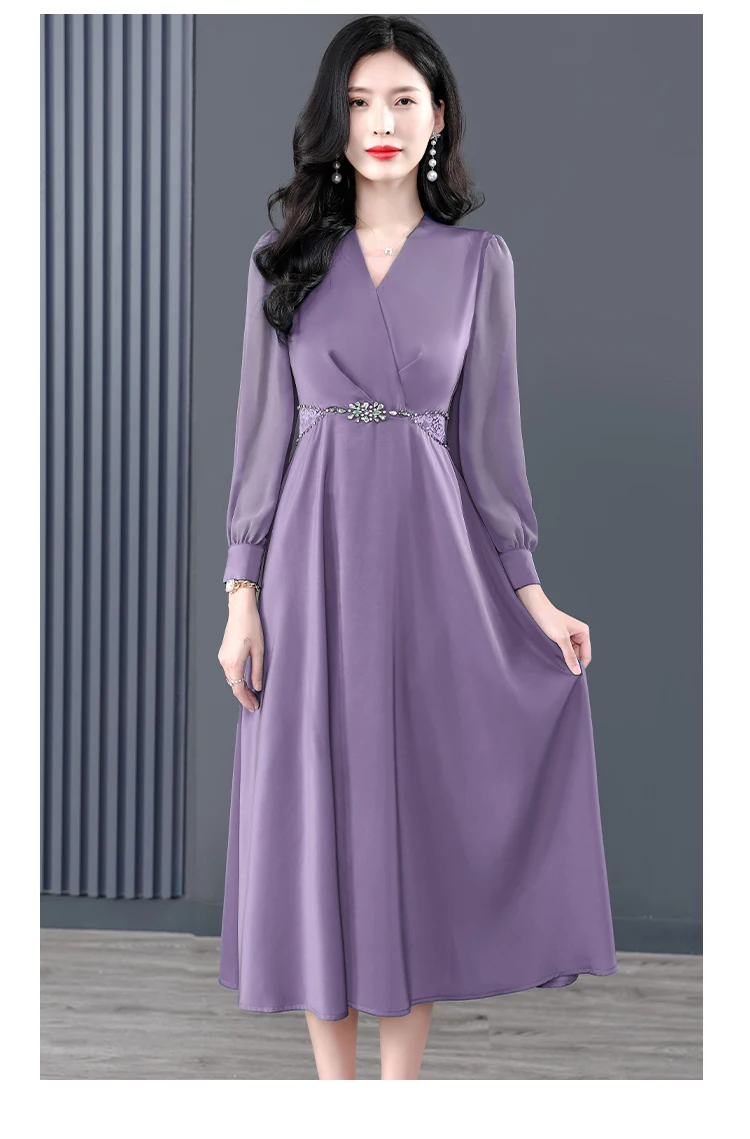 2025 비딩 실크 새틴 시크 미디 드레스 여성용 긴 소매 브이넥 우아한 베스티도스 가을 겨울 한국 패션 럭셔리 드레스