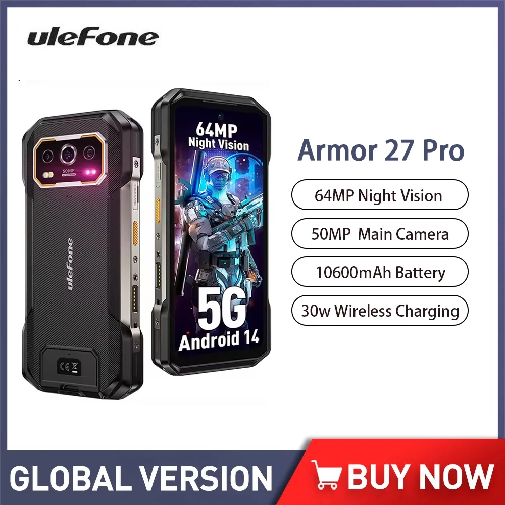 Ulefone Armor 27 Pro 5G Rugged Phone 10600mAh 64MP Night Vision Camera Mobile Phone Android 14 Up to 24GB+256GB Cellphone NFC