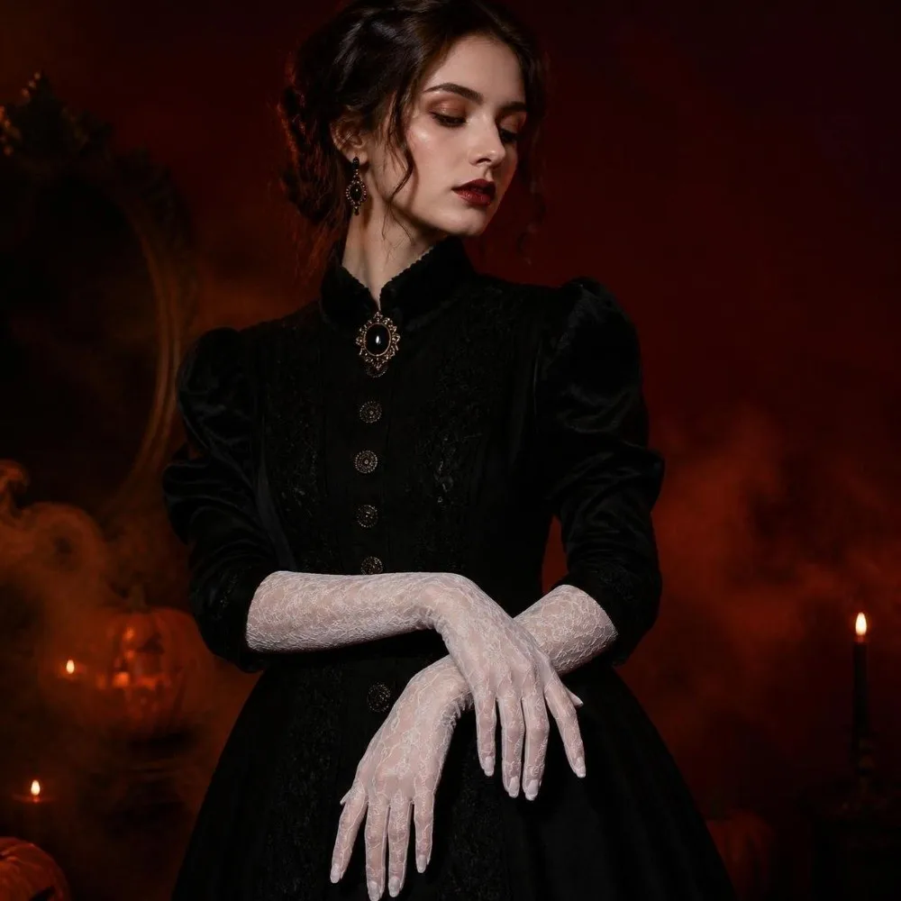 Fashion Ultra Thin Sheer Long Gloves Elastic Silky Smooth Oil Shiny Gloves Five-Finger Floral Printing Dance Gloves Cosplay
