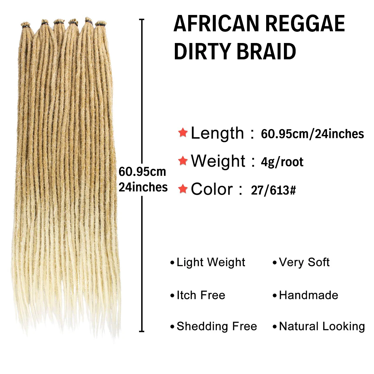 10 root/pack Synthetic 24 Inch Ombre Honey Blonde Pre Stretched Dreadlock Braiding Hair Crochet Dreads Hair Extensions for Women
